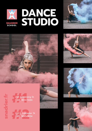 Template di design danza studio annuncio con ballerino in fumo colorato Poster