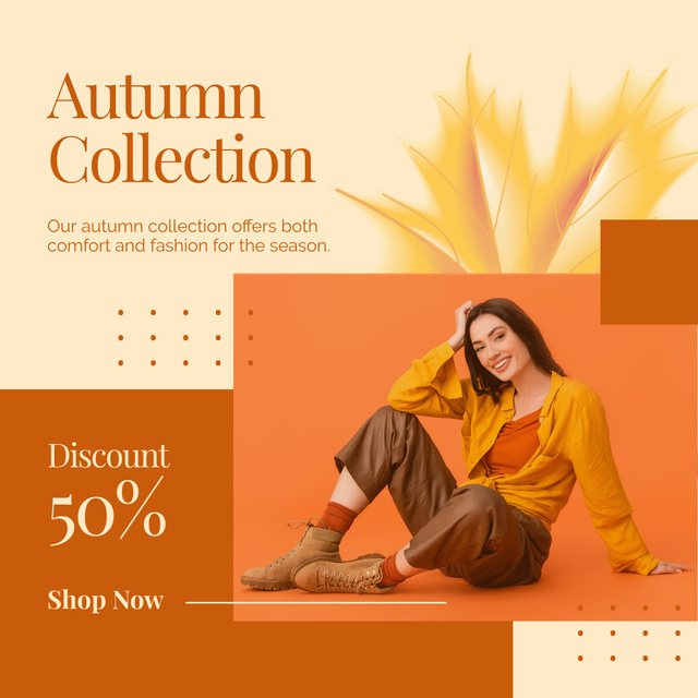 Discount on Autumn Collection with Woman in Orange Outfit Instagram Šablona návrhu
