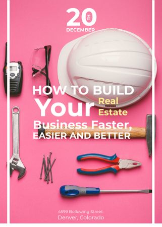 Building Business Construction Tools on Pink Invitation Modelo de Design