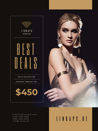 Venda de joias com mulher em acessórios dourados Poster US Modelo de Design