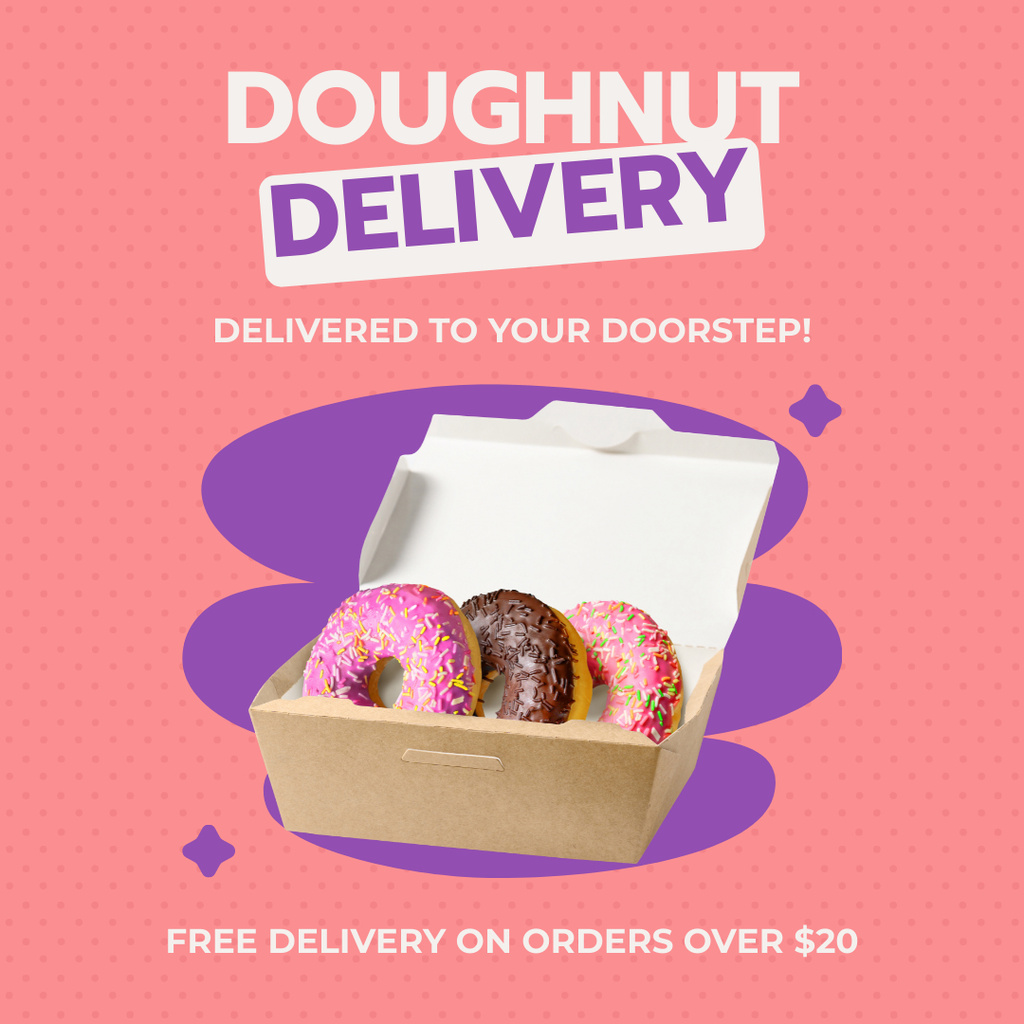 Doughnut Delivery Services Ad with Donuts in Box Instagramデザインテンプレート