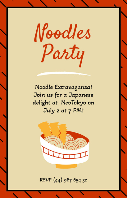 Noodles Party Ad Invitation 4.6x7.2in Design Template