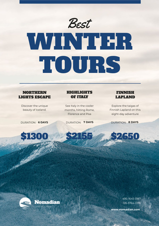 Winter Tour Offer with Snowy Mountains Poster A3 – шаблон для дизайну