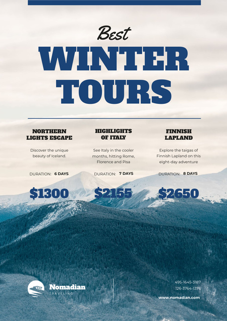 Winter Tour Offer with Snowy Mountains Poster A3 – шаблон для дизайна