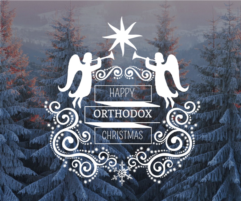 Ontwerpsjabloon van Medium Rectangle van Orthodox Christmas Greeting with Winter Forest and Angels