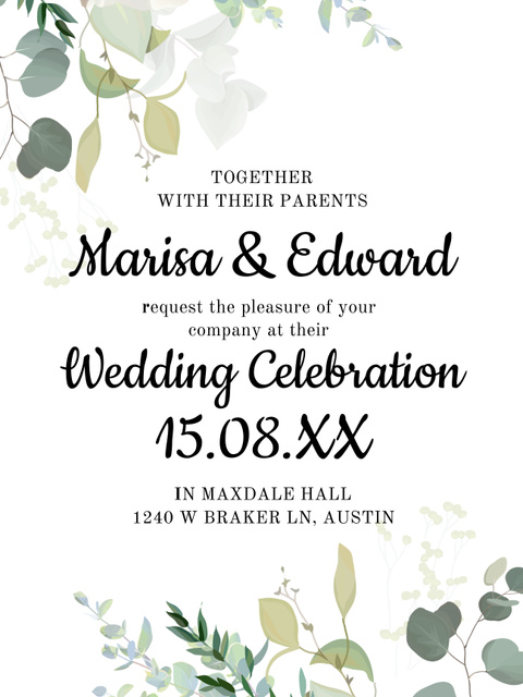 Wedding Invitation with Flowers on Wooden Background Poster US – шаблон для дизайна
