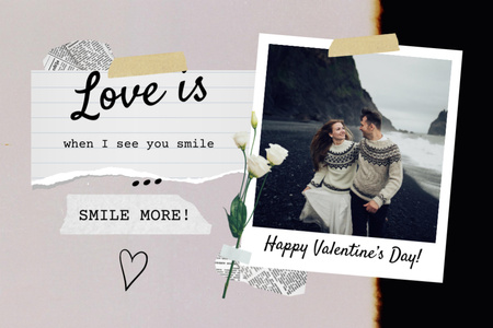 Designvorlage Valentine's Phrase about Love with Couple Walking on Coastline für Postcard 4x6in