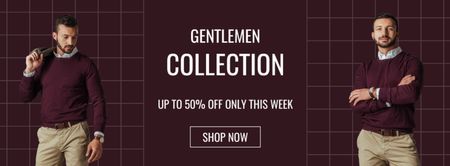Designvorlage Verkaufsankündigung der Gentleman-Kollektion mit gutaussehendem Mann für Facebook cover