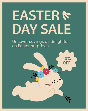 Template di design Annuncio di vendita del giorno di Pasqua con simpatico coniglietto in ghirlanda floreale Instagram Post Vertical