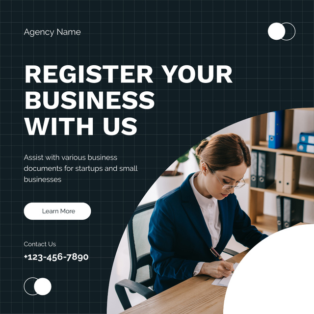Offer of Business Registration with Businesswoman at Workplace LinkedIn post – шаблон для дизайна