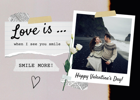 Platilla de diseño Valentine's Phrase about Love with Young Couple on Beach and Flower Postcard 5x7in