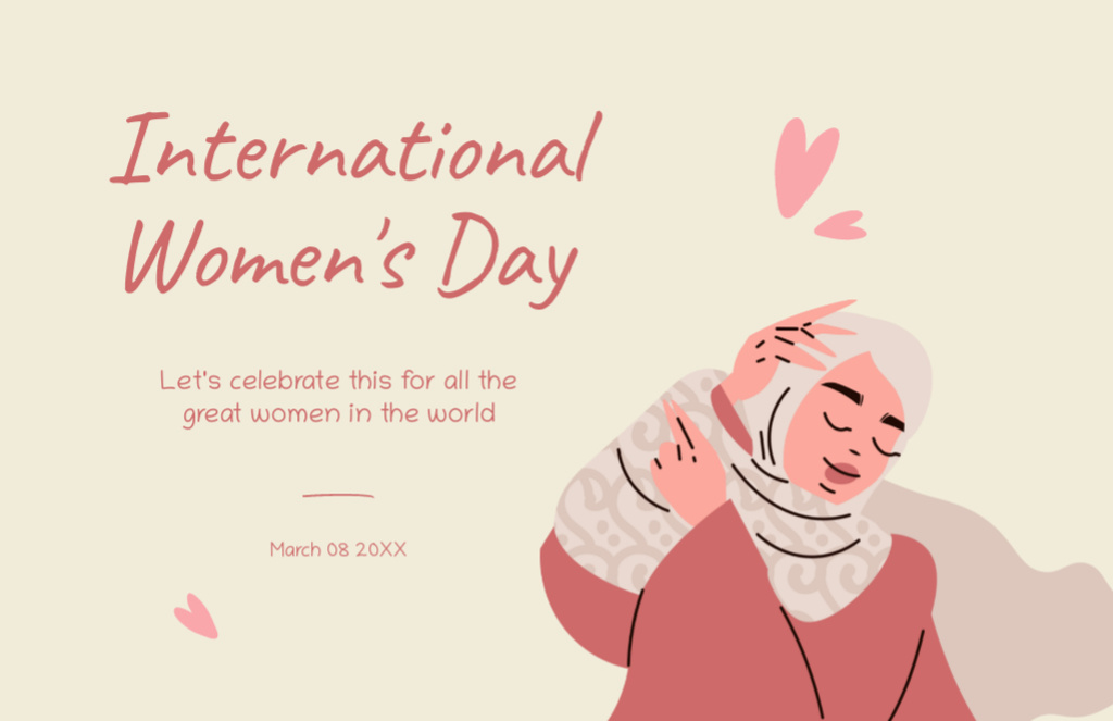 Worldwide Women's Day Greetings with Muslim Woman Thank You Card 5.5x8.5in Tasarım Şablonu