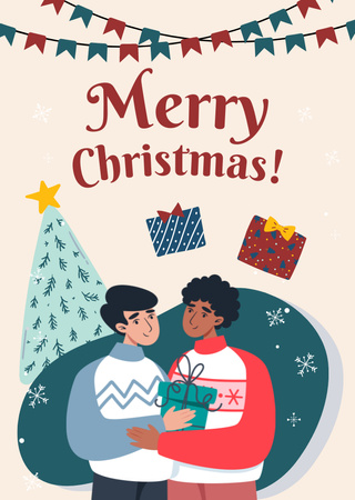 Designvorlage Gay Couple Celebrating Christmas für Postcard A6 Vertical
