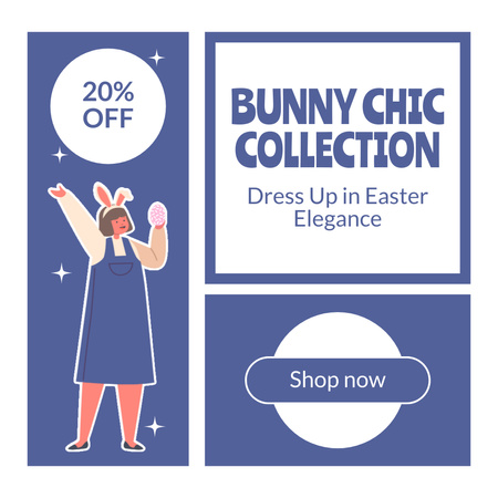 Tavşan Kulaklı Sevimli Küçük Kızın yer aldığı Paskalya İndirimi Reklamı Instagram AD Tasarım Şablonu