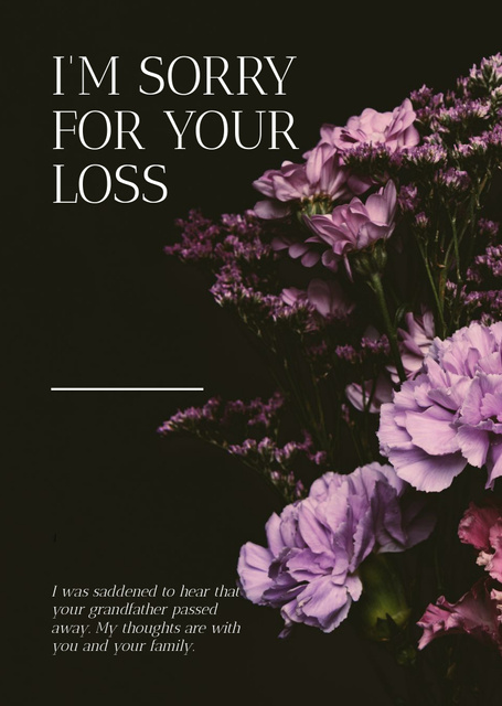 Plantilla de diseño de Sympathy Expression Words with Flowers on Black Postcard A6 Vertical 