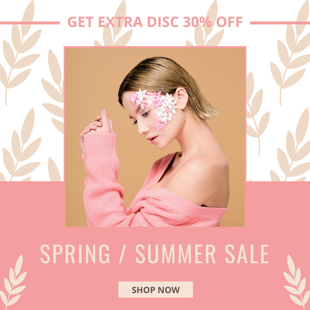 Female Fashion Clothes Sale with Woman and Flowers Instagram Design Template