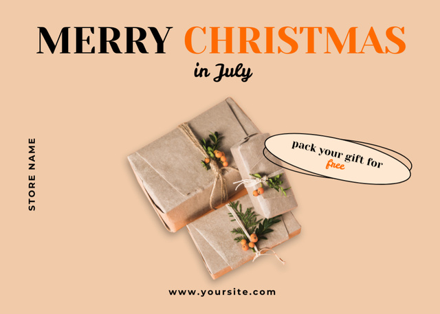 Ontwerpsjabloon van Postcard 5x7in van Gifts Wrapping For Christmas In July in Beige