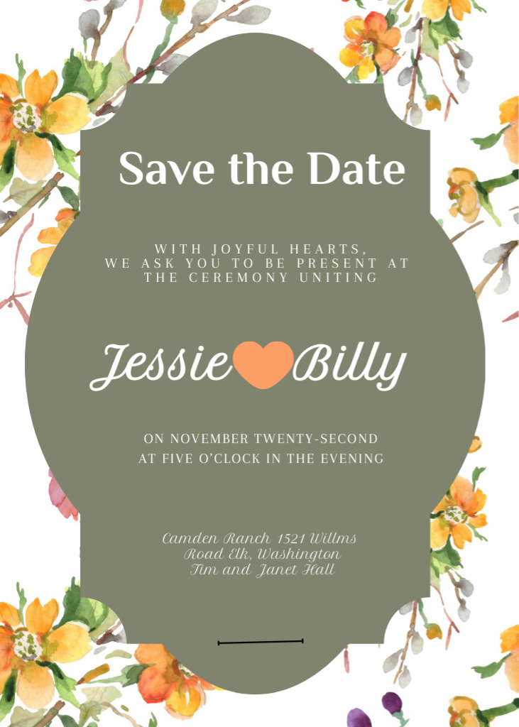 Save the Date Announcement in Frame in tender flowers Invitation tervezősablon