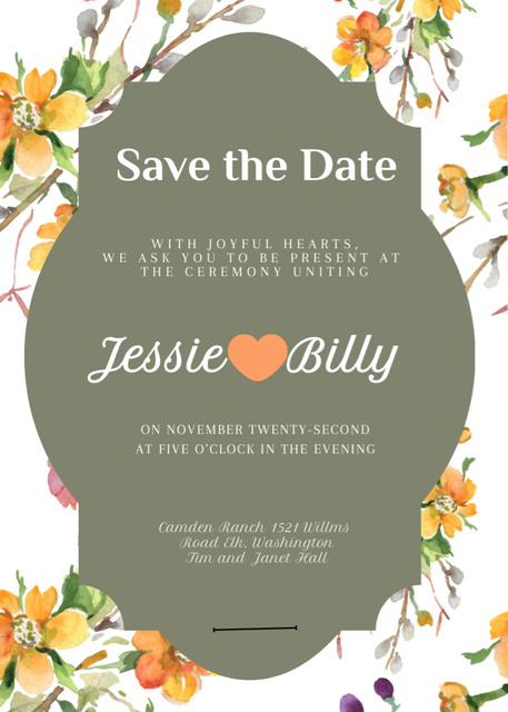 Save the Date Announcement in Frame in tender flowers Invitation Design Template