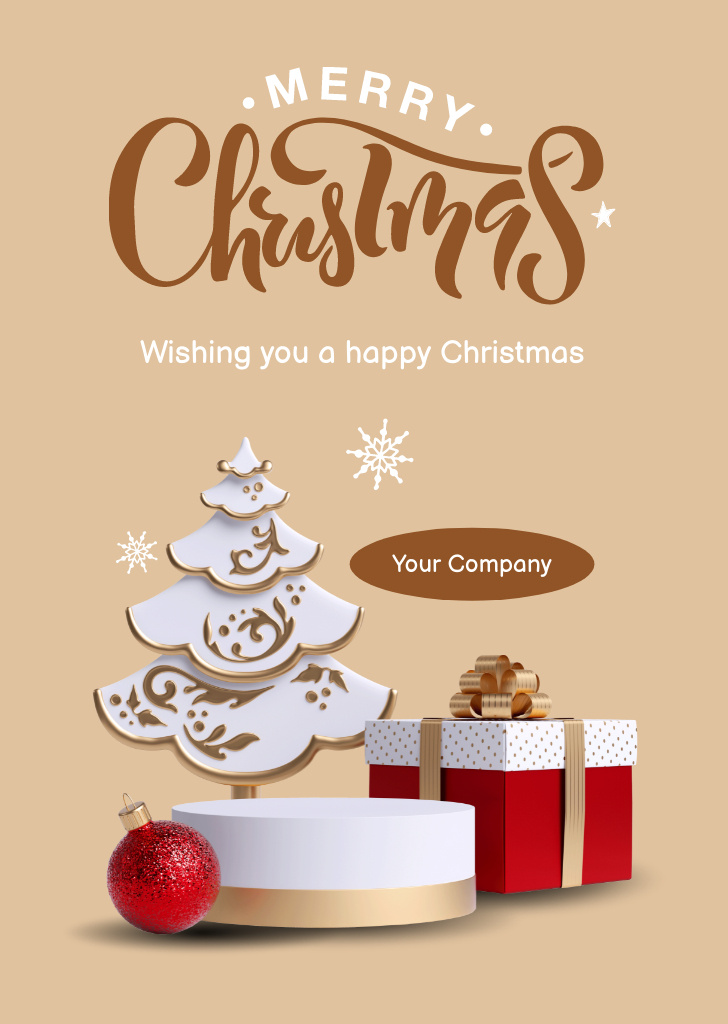 Ontwerpsjabloon van Postcard A6 Vertical van Christmas Cheers with Present and Tree
