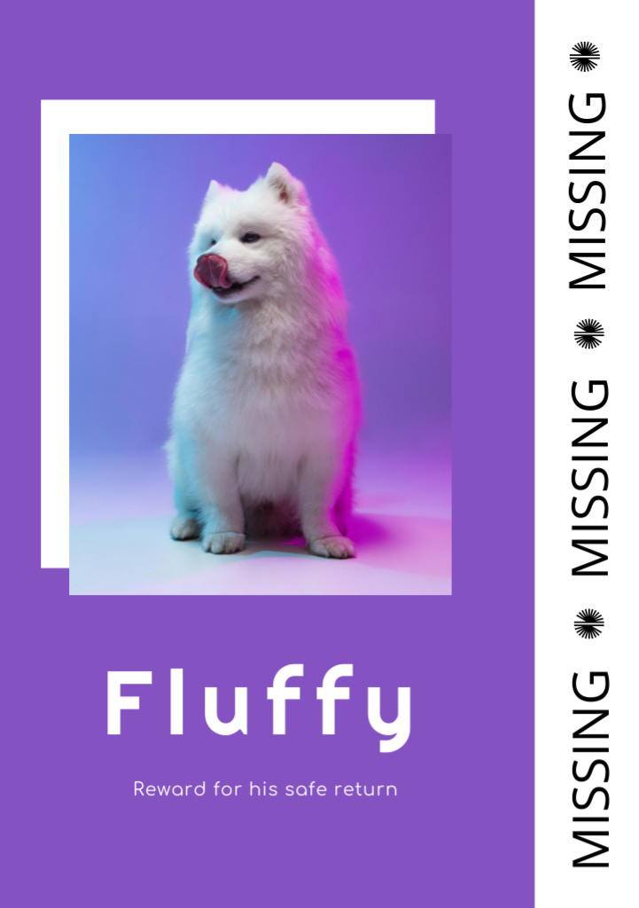 Plantilla de diseño de Missing White Dog Information on Purple Flyer A5 