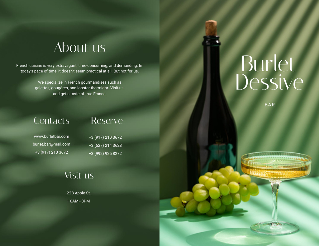 Bottle of Wine with Fresh Grapes and Wineglass Brochure 8.5x11in Bi-fold Šablona návrhu