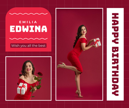 Ontwerpsjabloon van Facebook van Verjaardag van mooie brunette in rode jurk