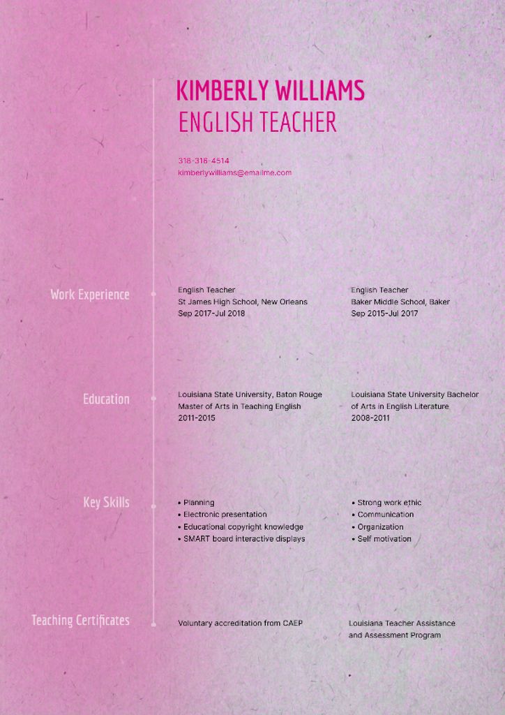 English Teacher skills and experience Resume Modelo de Design