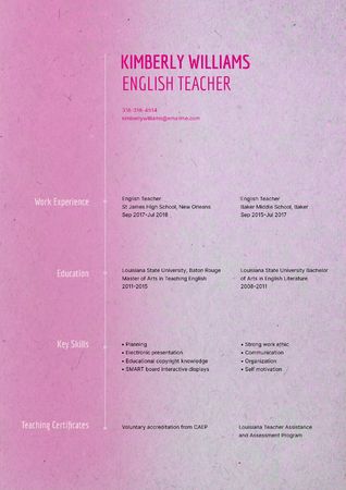 Platilla de diseño English Teacher skills and experience Resume