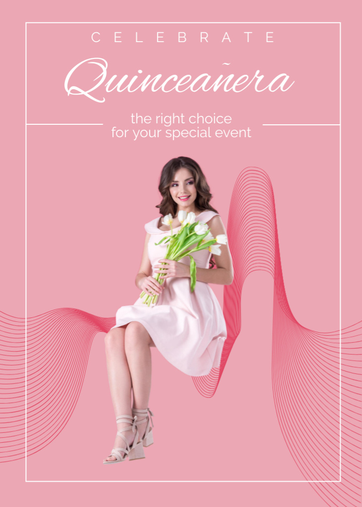 Announcement of Quinceañera Celebration with Tulips Bouquet In Pink Flayer Modelo de Design