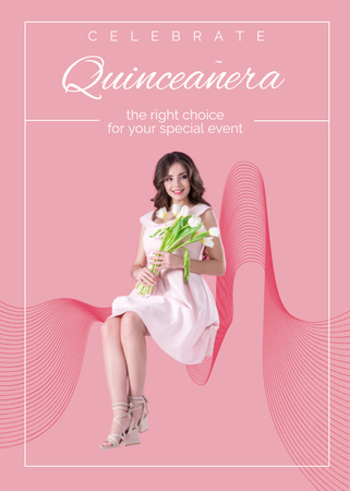 Announcement of Quinceañera with Girl in White Dress and Champagne Flayer Design Template