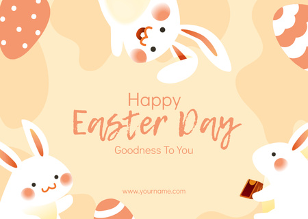 Plantilla de diseño de Felices saludos del día de Pascua con lindos conejos y huevos pintados Card 