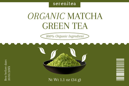 Organic Matcha Green Tea With Leaves On Plate Label Design Template