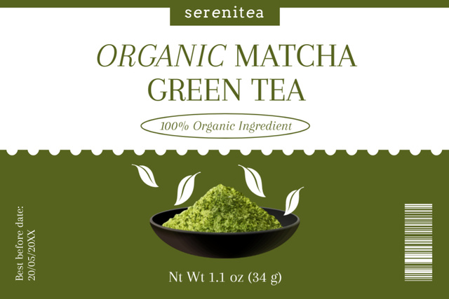 Organic Matcha Green Tea With Leaves On Plate Label Šablona návrhu