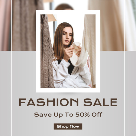 Female Wear Fashion Sale with Young Lady in White Instagram Design Template