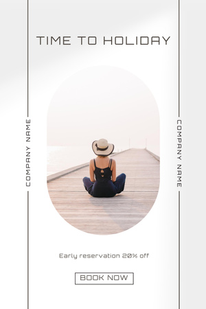 Young Woman Sits on Wooden Bridge and Enjoys Vacation Pinterest – шаблон для дизайна