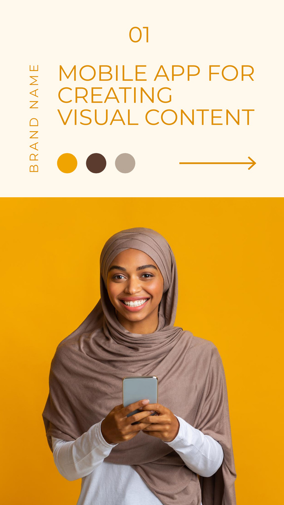 Plantilla de diseño de New Mobile App Announcement with Muslim Woman Mobile Presentation 
