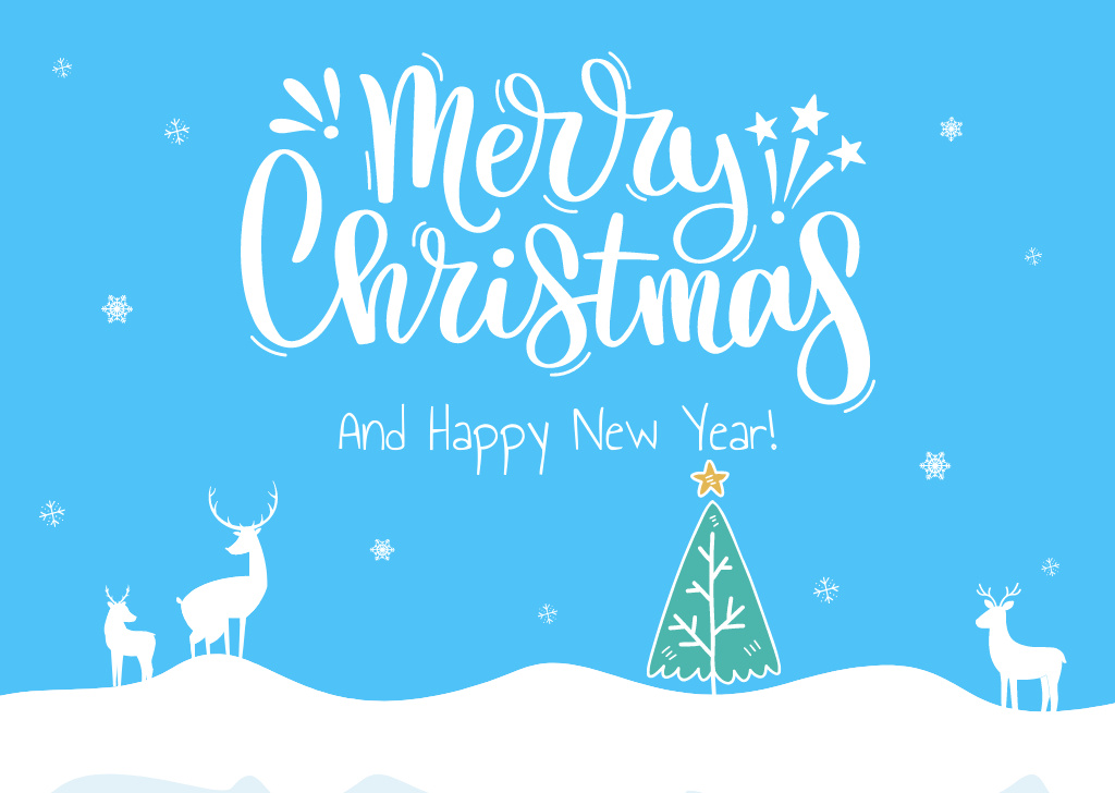 Christmas and New Year Cheers with Winter Landscape and Deers Postcard – шаблон для дизайна