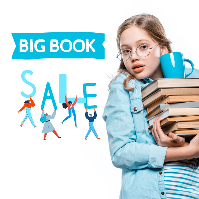Books Sale Announcement with Adorable Girl Instagram Πρότυπο σχεδίασης