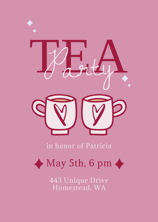 Tea Party Announcement with Cute Cups  Invitation Design Template