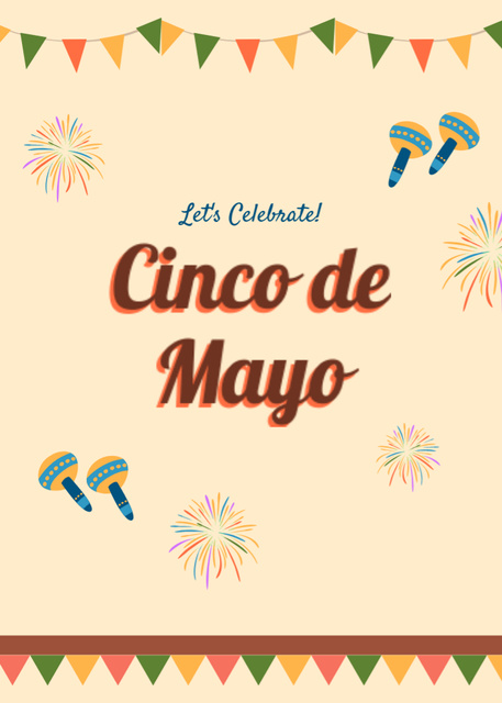 Cinco De Mayo Holiday Celebration With Maracas and Fireworks Postcard 5x7in Vertical Design Template
