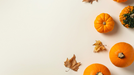 Plantilla de diseño de Hojas de otoño y calabazas naranjas. Zoom Background 