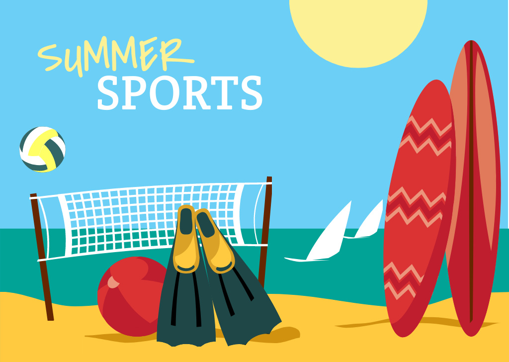 Summer sports with Beach illustration Postcard Design Template