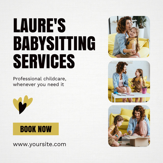 Babysitting Service Offer with Golden Hearts Instagram Design Template