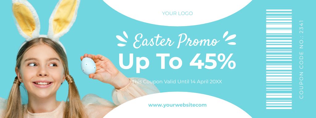 Easter Promo with Child in Bunny Ears Holding Painted Easter Egg Coupon Modelo de Design