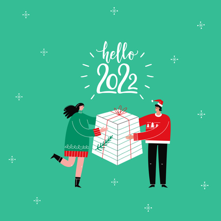 New Year Greeting with People holding Gift Instagram tervezősablon