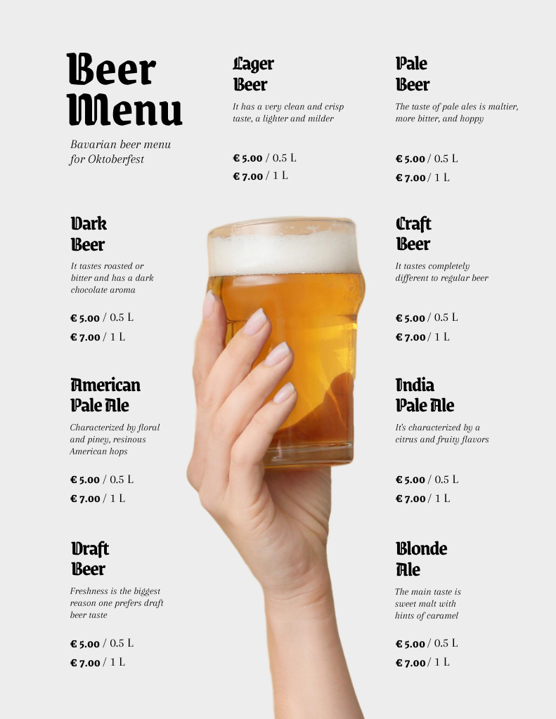 Tasteful Beer Types Offer For Oktoberfest Menu 8.5x11in Modelo de Design