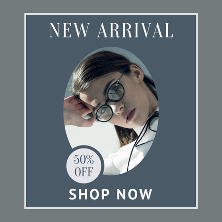 Plantilla de diseño de ofertas especiales sobre gafas graduadas con chica Instagram 