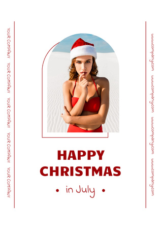 Designvorlage Junge Frau im roten Badeanzug und Weihnachtsmann-Hut am Strand für Postcard A5 Vertical