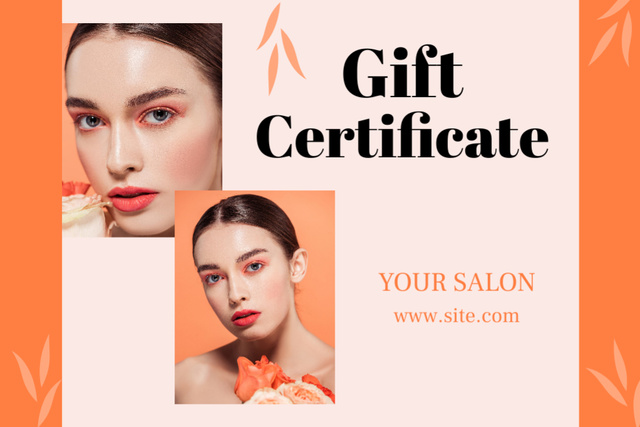 Modèle de visuel Beauty Salon Ad with Beautiful Woman with Rose Flowers - Gift Certificate